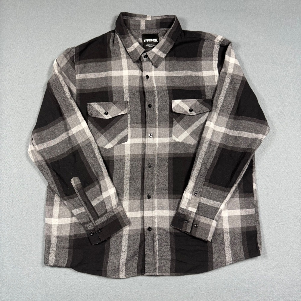 RSQ Flannel Shirt Mens XXL Black Gray White Plaid Button Up Long Sleeve Skater